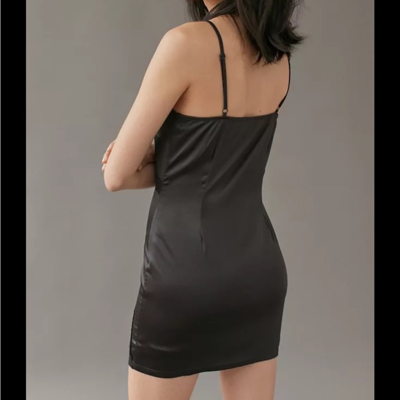 Satin Little Black Dress Mini LBD Lace Detail Spaghetti Strap V-Neck Medium M - Picture 3 of 8